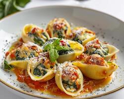 a plate of shells filled with spinach and cheese photo