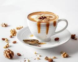 cappuccino with caramel and walnuts on white background photo