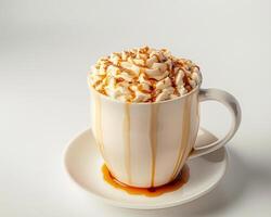 a coffee cup with whipped cream and caramel drizzle photo