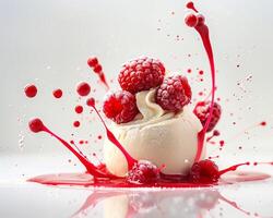 a dessert with raspberries and ice cream splashing photo