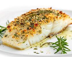 a piece of fish with herbs and breadcrumbs photo