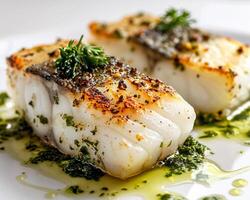 two fish fillets with herbs and sauce on a white plate photo