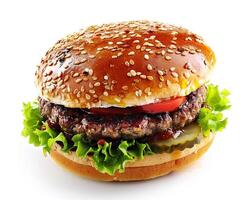 a hamburger with lettuce and tomato on a white background photo