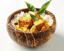 a bowl of rice and curry with a leaf on top photo