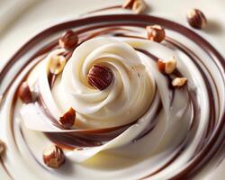 a white chocolate swirl with nuts and whipped cream photo