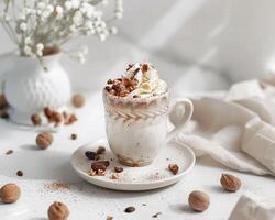 chocolate hazelnut latte with whipped cream and nuts photo