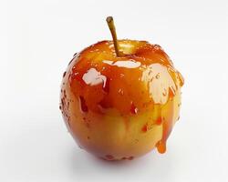 a close up of an apple with caramel on it photo