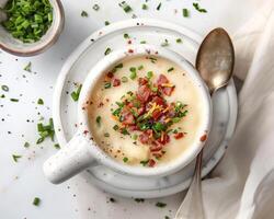 a bowl of soup with bacon and herbs on a white background photo