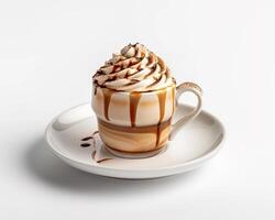 a coffee cup with whipped cream and caramel drizzle photo