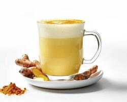a cup of yellow liquid with ginger and spices photo