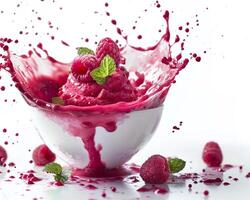 a bowl of raspberry ice cream with a splash of water photo