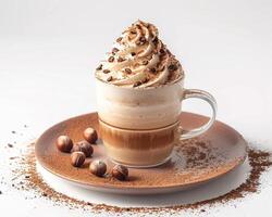 a coffee with whipped cream and nuts on top photo