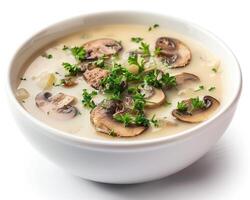 a bowl of soup with mushrooms and parsley photo