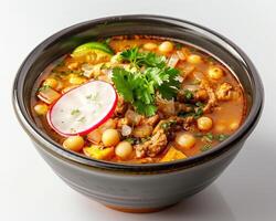 a bowl of soup with meat, vegetables and radishes photo