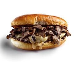 a beef sandwich with cheese and onions on a white background photo