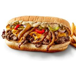 a large sandwich with cheese and meat on a white surface photo