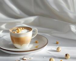 a cup of coffee with nuts and cream on a white cloth photo
