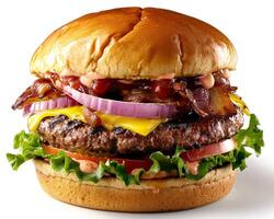 a large hamburger with bacon, lettuce, and onions photo
