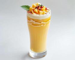 a drink with a mango and cream topping photo