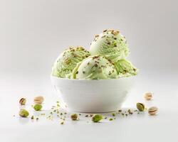 a bowl of pistachio ice cream with nuts scattered around photo