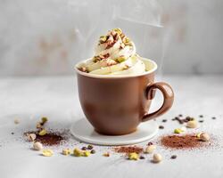 hot chocolate with whipped cream and nuts on a white background photo