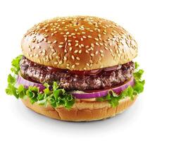 a hamburger with lettuce and onions on a white background photo