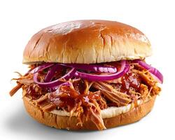 a pulled pork sandwich with onions and red onions photo