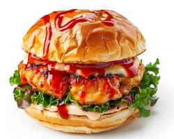 a burger with ketchup and lettuce on it photo