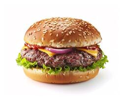 a hamburger with cheese, onions and lettuce on a white background photo