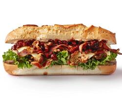 a sub sandwich with meat, lettuce and cheese photo