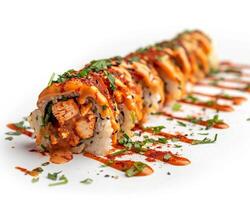 a long sushi roll with sauce and garnish photo