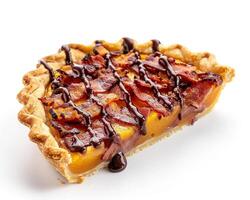 a pie with bacon and chocolate drizzle photo