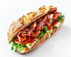a sandwich with bacon, lettuce, tomatoes and cucumbers photo