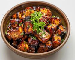 a bowl of tofu with herbs and garnish photo