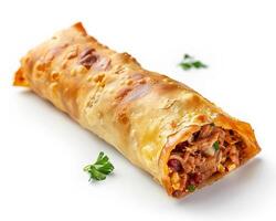 a roll of meat and vegetables on a white surface photo