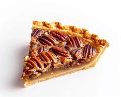 a slice of pecan pie on a white background photo
