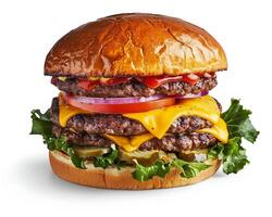 a large hamburger with cheese, lettuce and tomato photo