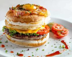 A Large Burger with Bacon, Cheese, and Tomato photo