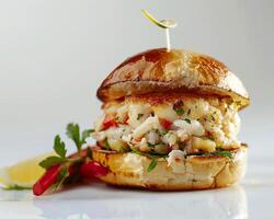 A crab cake sandwich with a pickle and a wedge of lemon photo