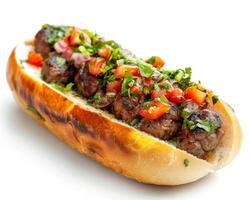 a hot dog with meat and vegetables on a bun photo