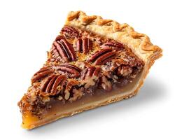 a slice of pecan pie on a white background photo