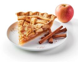 a slice of apple pie with cinnamon and an apple photo