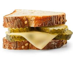 a sandwich with pickles and cheese on it photo