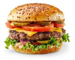 hamburger with cheese, lettuce, tomato, and pickles photo