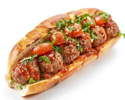 a meatball sandwich with tomatoes and herbs on a white background photo