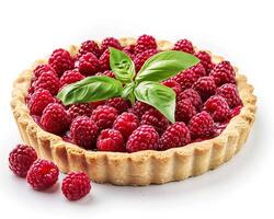 a raspberry tart with basil leaves on top photo