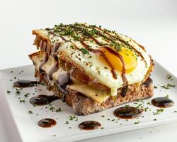 a plate with a sandwich with an egg on it photo