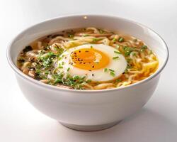 a bowl of ramen with an egg in it photo