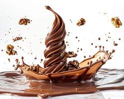 chocolate splashing on white background with walnuts photo