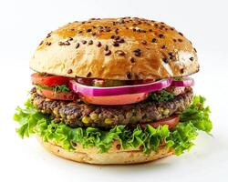 a hamburger with lettuce, tomatoes and onions photo